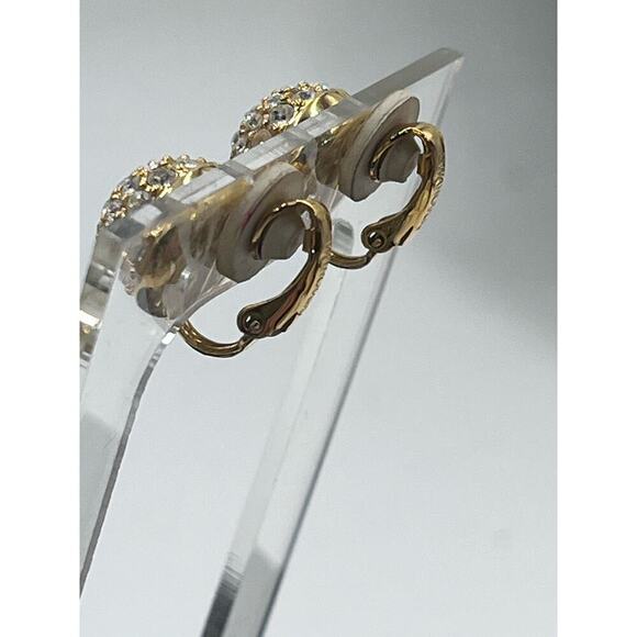 Swarovski Signed Swan Domed Button 18k Gold Plated Crystal Pave Clip On Earrings - Picture 11 of 15